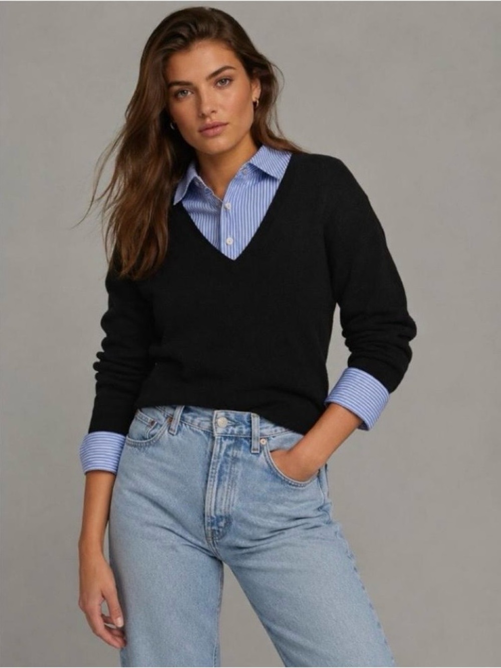 Sioni V-Neck 2-in-1 Layered Sweater Collared Button Front Placket Blue Stripe